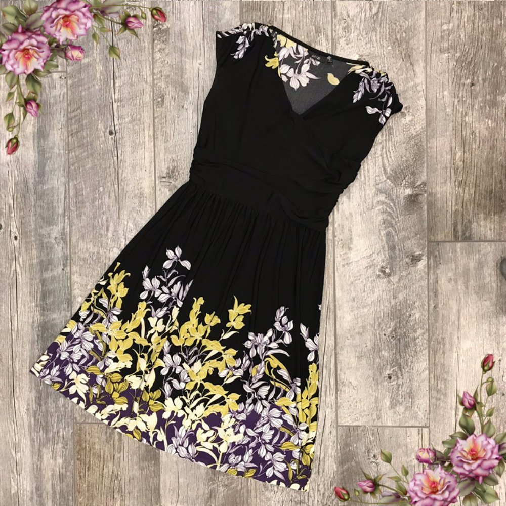 Apt. 9 Black Midi Dress with Yellow & Purple Floral Border